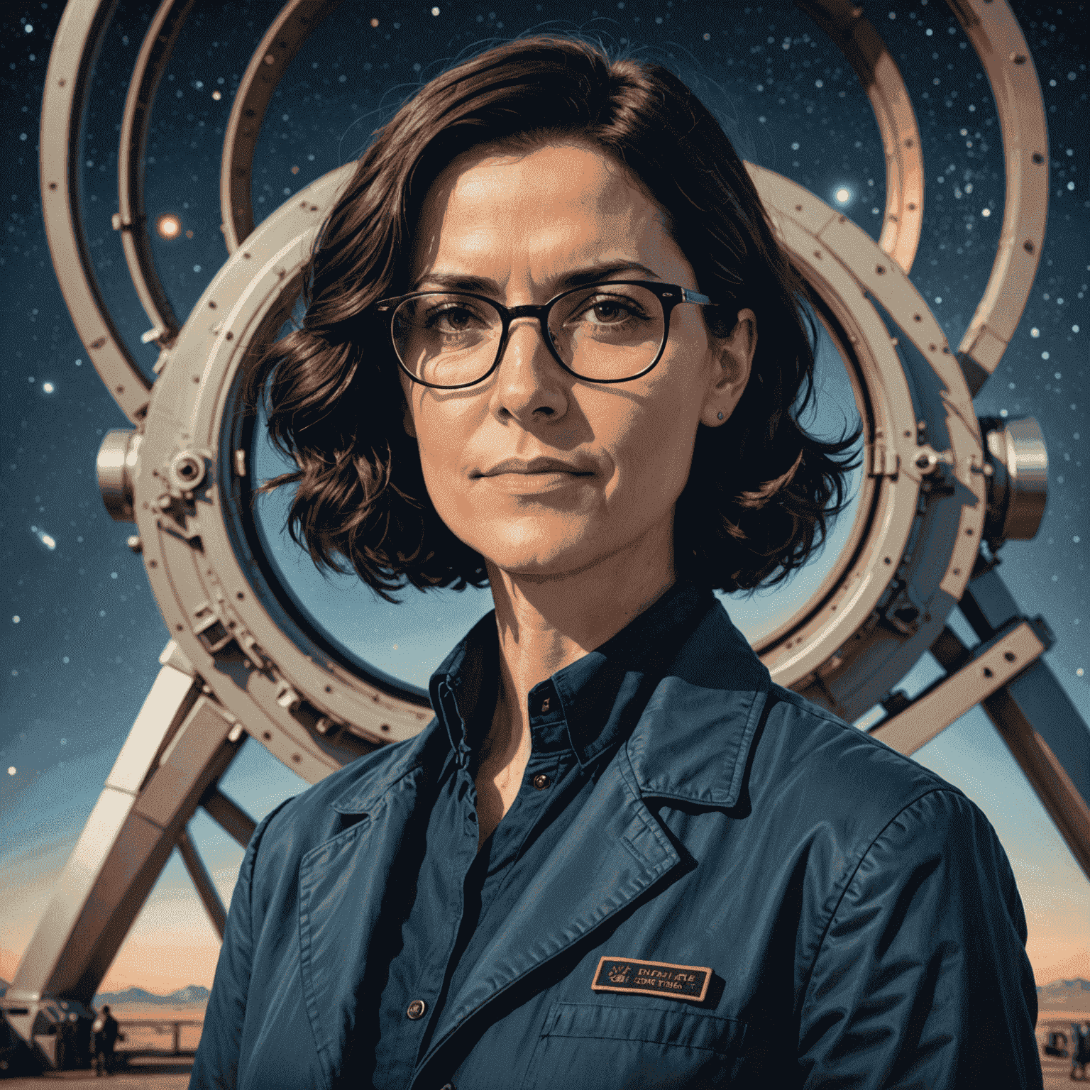 Portrait of Dr. Emma Stellar, an astronomer with short dark hair and glasses, standing in front of a large telescope