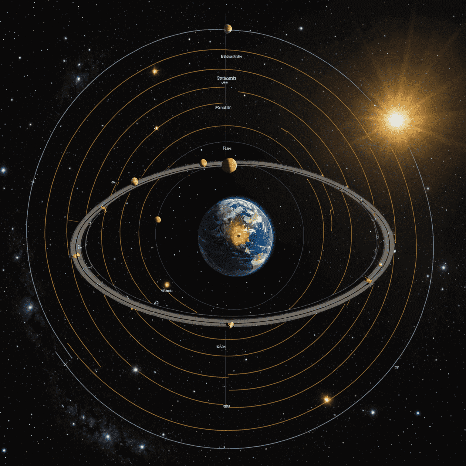 Diagram showing the concept of stellar parallax with Earth at two positions in its orbit around the Sun, and a nearby star against the background of distant stars