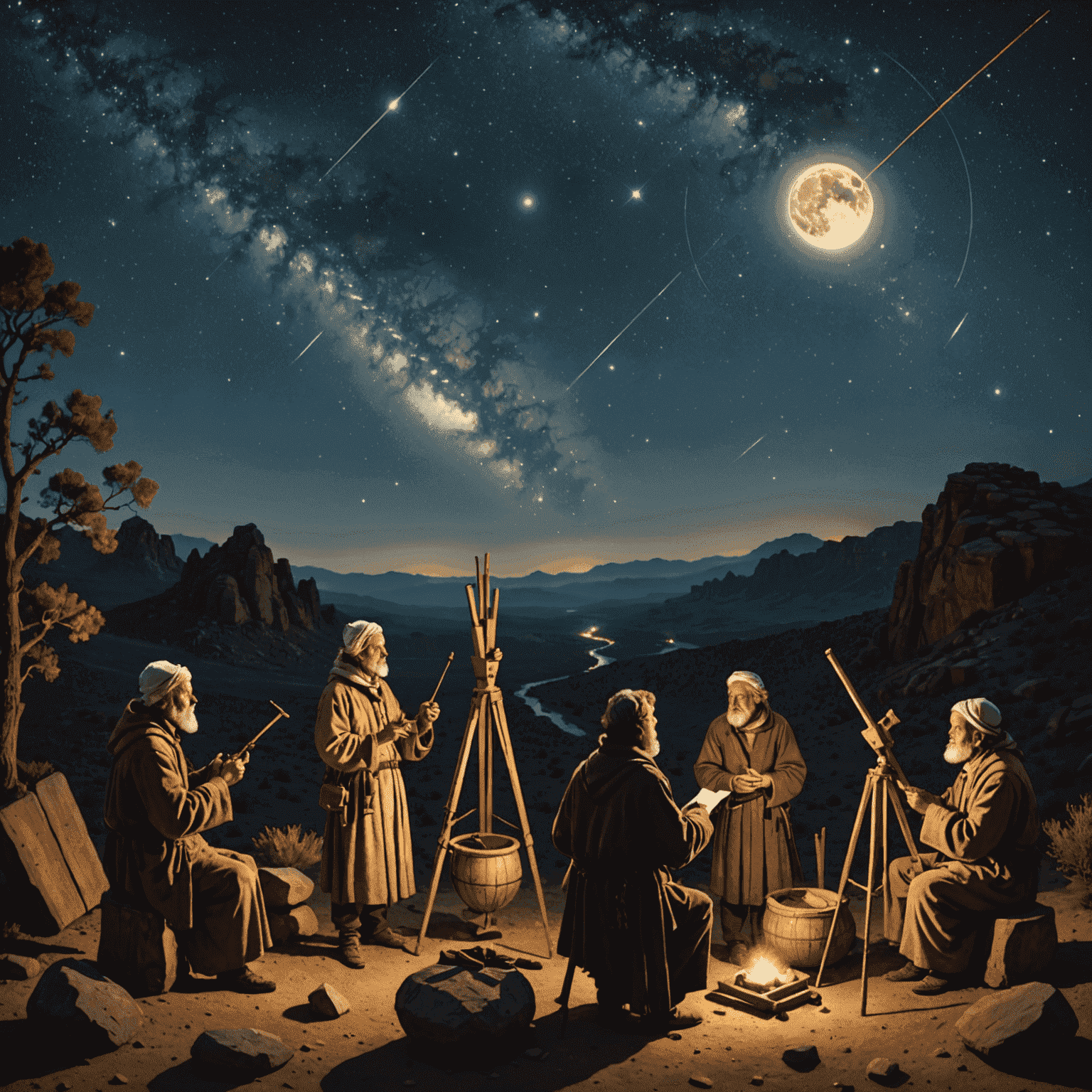 Ancient astronomers observing the night sky with primitive instruments, depicting their attempts to measure stellar distances