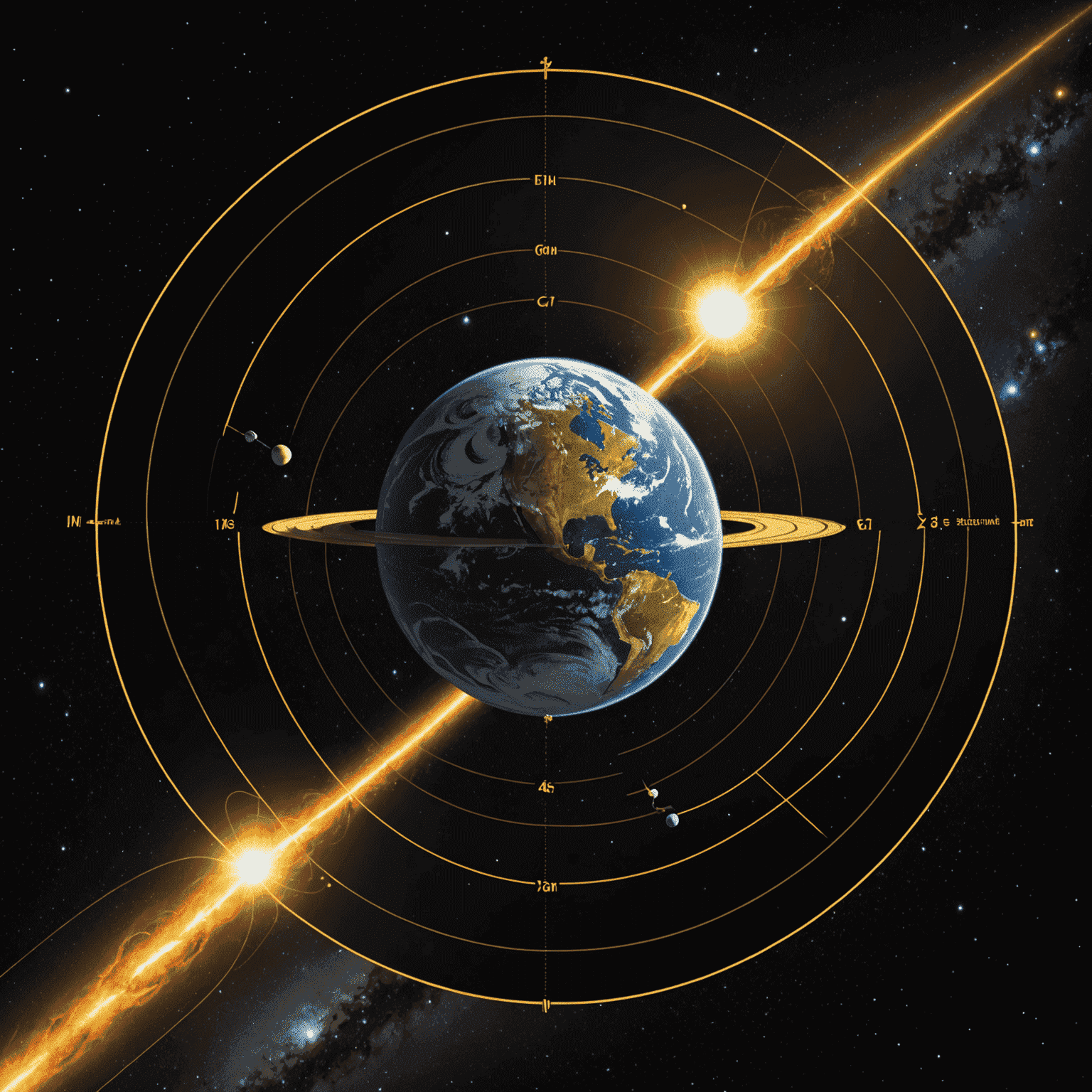 Diagram showing parallax measurement of a distant star, with Earth at two opposite points in its orbit around the Sun, and angular displacement of the star against background