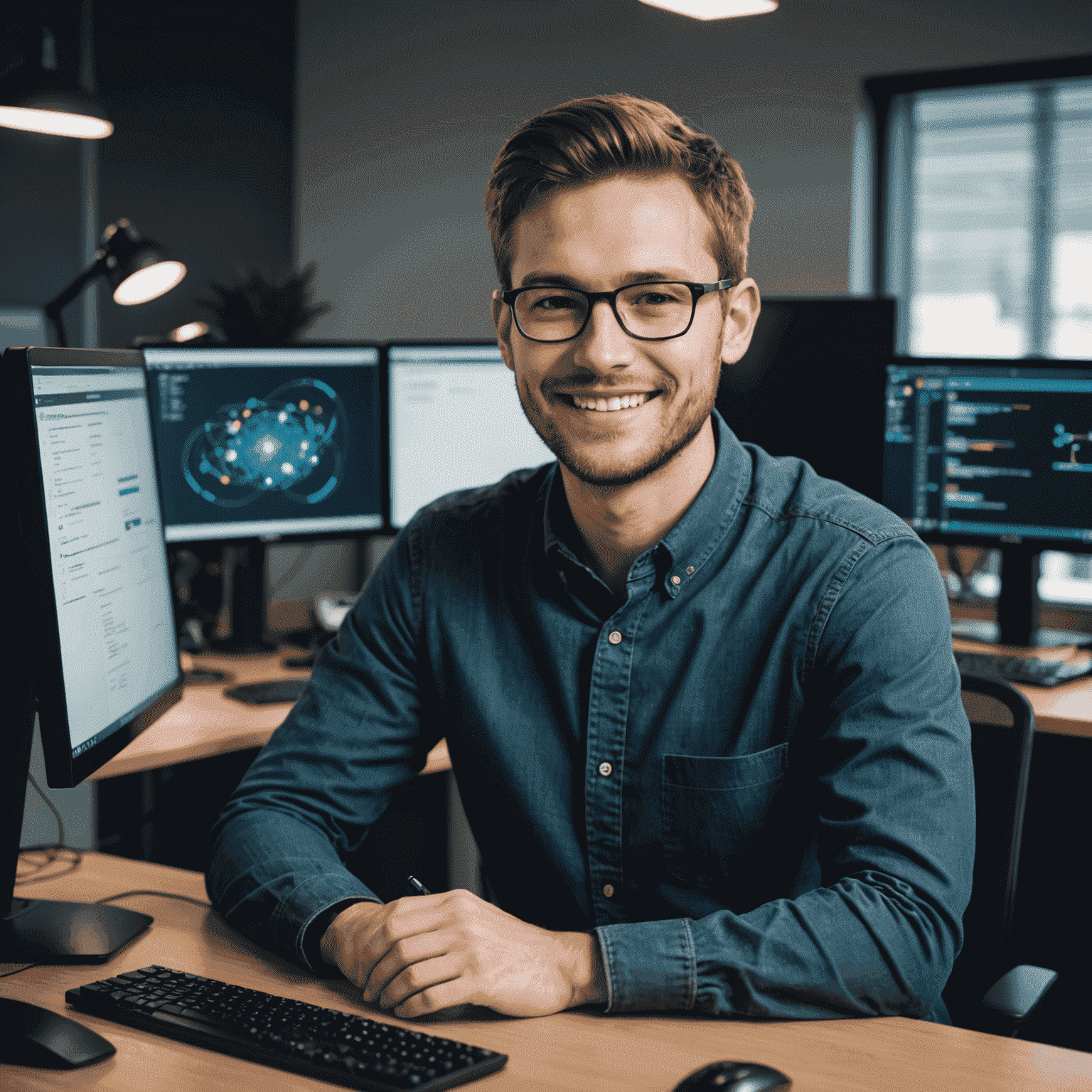 Portrait of Alex Techson, a software engineer with a friendly smile, sitting at a desk with multiple computer screens