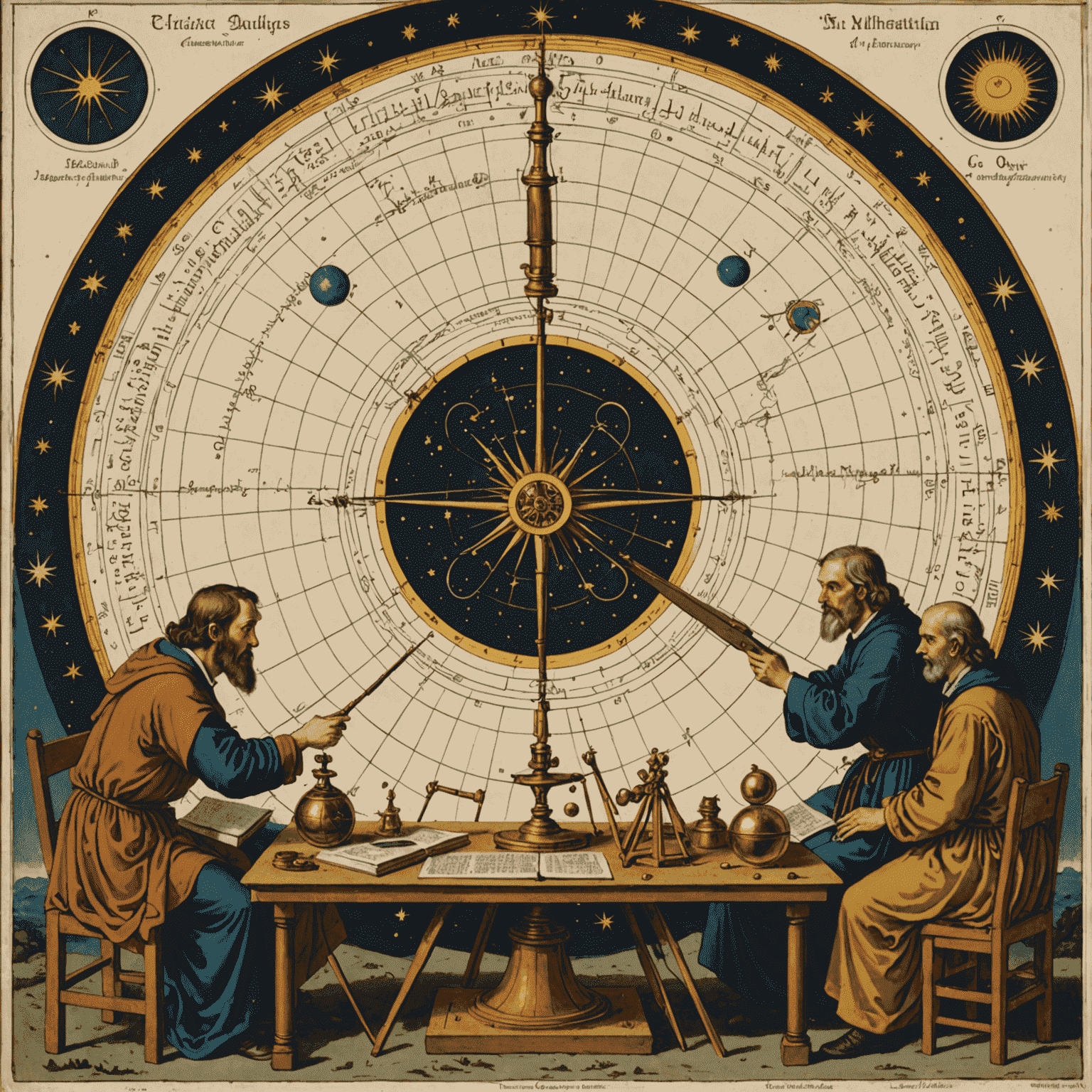 Historical illustration depicting ancient astronomers using early instruments to measure celestial distances, such as astrolabes and quadrants