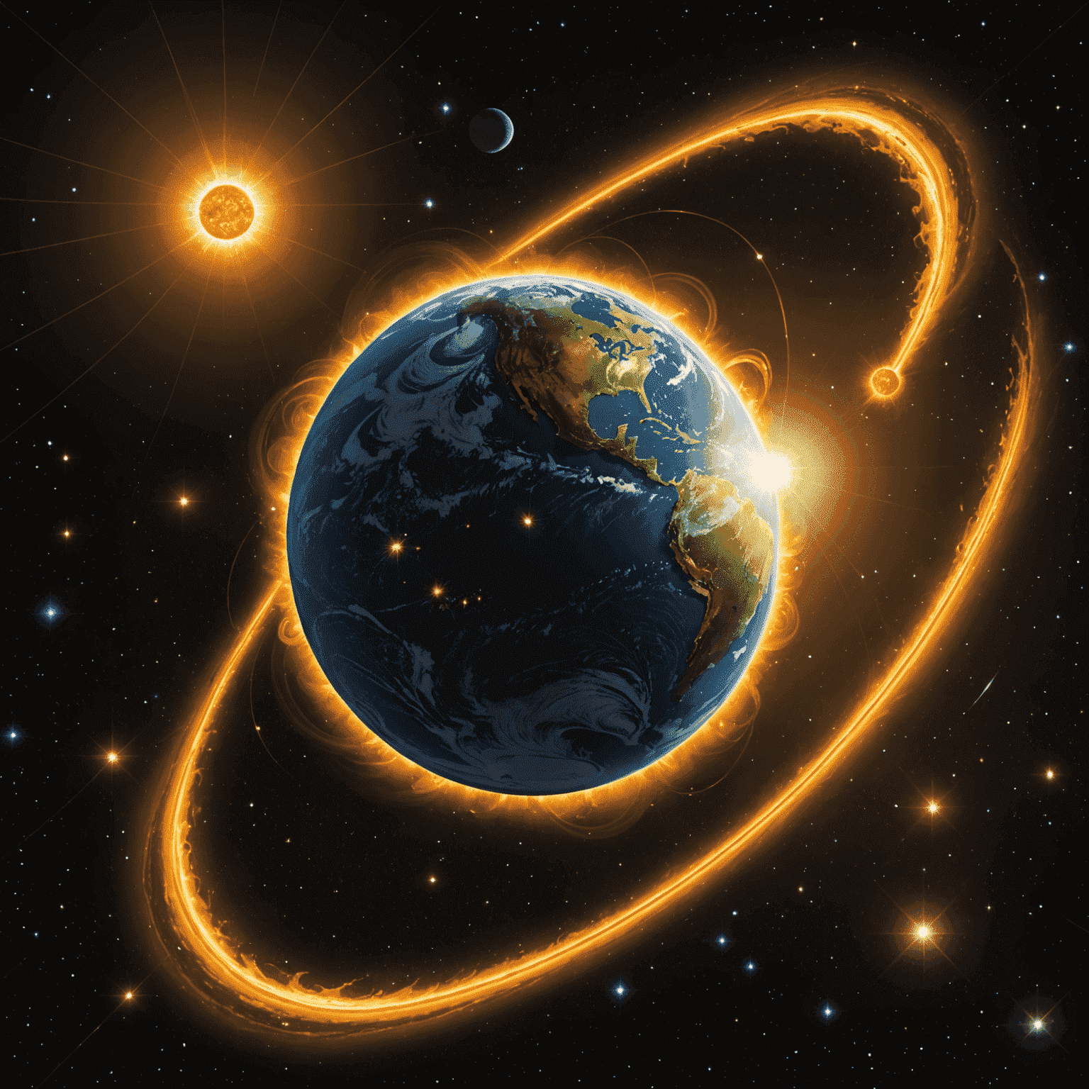 Illustration showing Earth's orbit around the Sun and the apparent shift in a nearby star's position against the background of distant stars